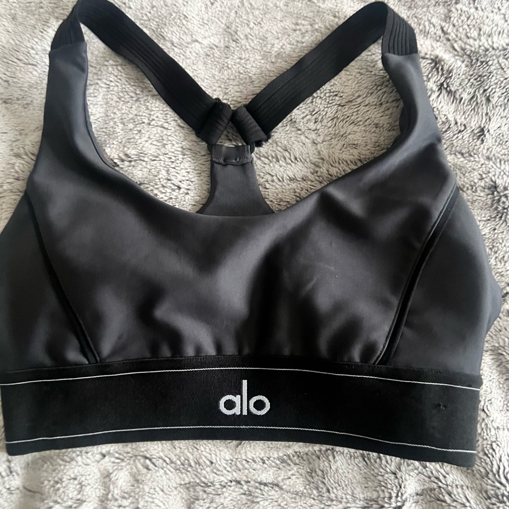 ALO Yoga Black Stretch Sports Bra with Subtle Logo
